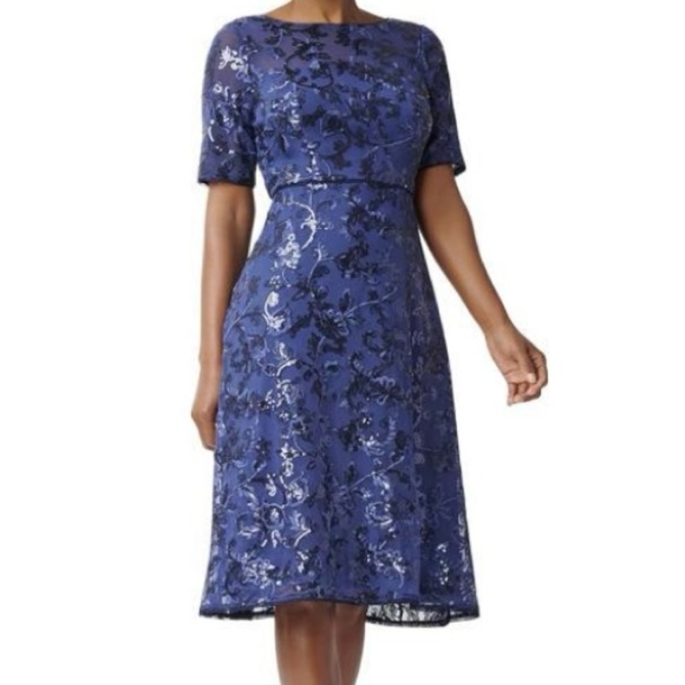 Adrianna Papell Blue Floral Embroidery Midi Dress